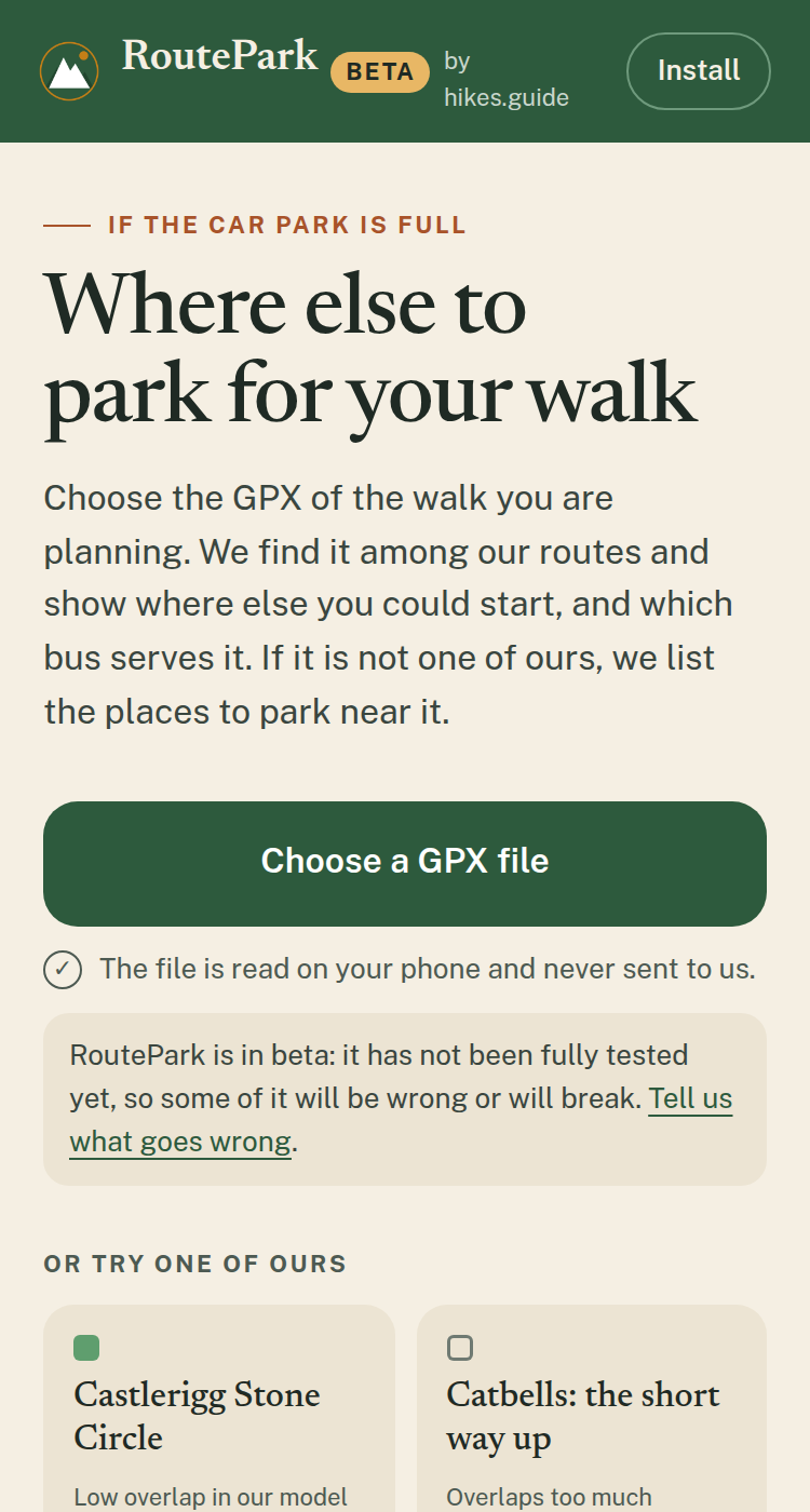 RoutePark's first screen, with a button to choose a GPX file